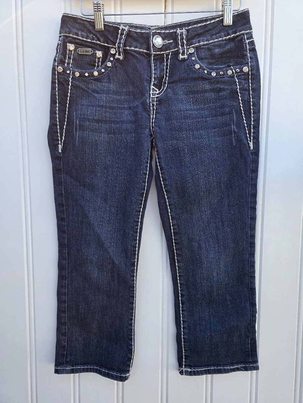 LA Idol Capri Cropped Dark Wash Denim Bling Rhinestone Jeans Size 5 Junior